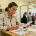 Femme comparant deux étiquettes de colis Colissimo et Pickup dans un bureau de poste français