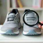 Comparaison côte à côte d'une vraie et d'une fausse chaussure Skechers pour identifier les différences de logo