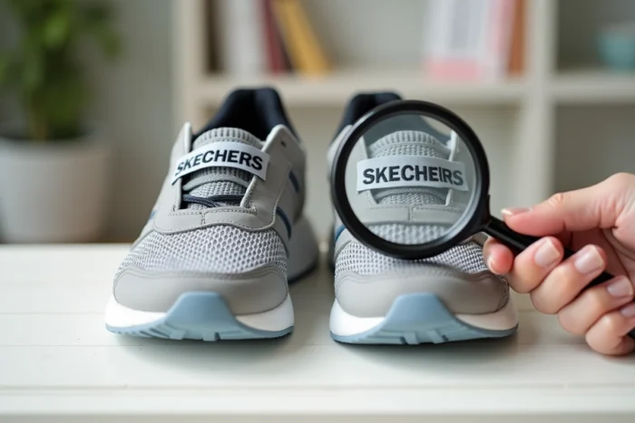 Comparaison côte à côte d'une vraie et d'une fausse chaussure Skechers pour identifier les différences de logo