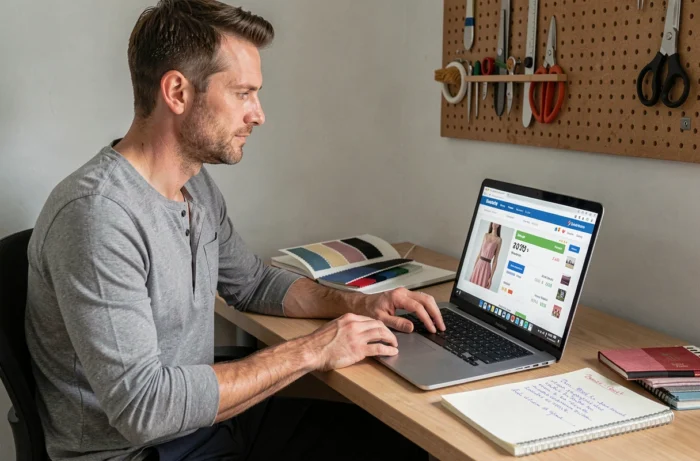 Homme comparant les prix de tissus et d'accessoires de couture sur un ordinateur portable dans un bureau à domicile