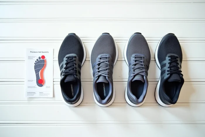 Comparaison de trois chaussures de running aux semelles différentes pour illustrer les choix selon la pronation, supination ou foulée neutre