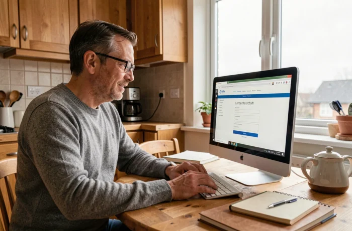 Homme à domicile se connectant à son espace personnel Arkevia depuis un ordinateur de bureau