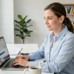 Femme professionnelle se connectant à son espace Arkevia sur un ordinateur portable dans un bureau moderne