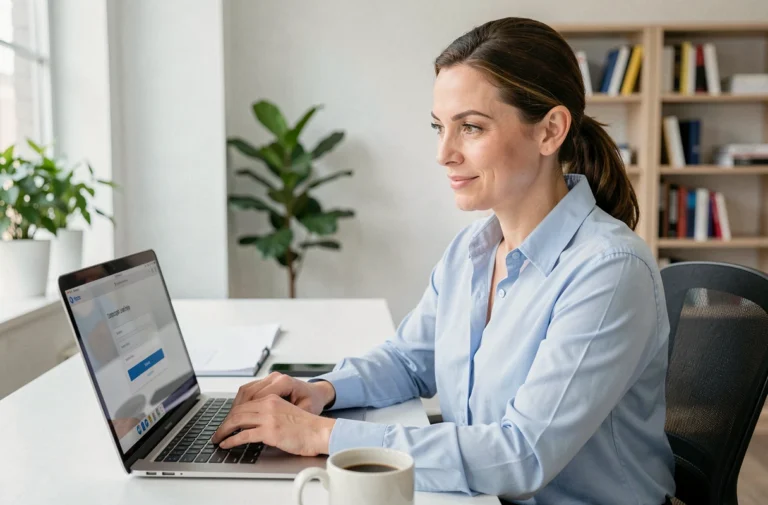 Femme professionnelle se connectant à son espace Arkevia sur un ordinateur portable dans un bureau moderne