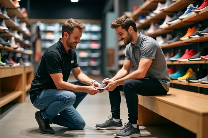 Vendeur spécialisé en magasin de running examinant l'usure de la semelle d'une chaussure pour conseiller un client sur sa pronation