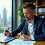 Conseiller financier examinant des documents sur les SCPI fiscales dans un bureau professionnel