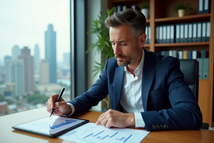 Conseiller financier examinant des documents sur les SCPI fiscales dans un bureau professionnel