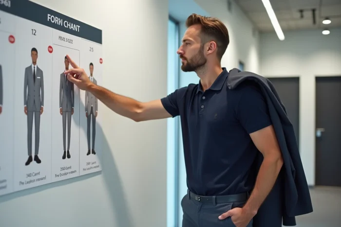 Conseiller de vente en magasin de prêt-à-porter expliquant un guide des tailles avec la taille S mise en évidence