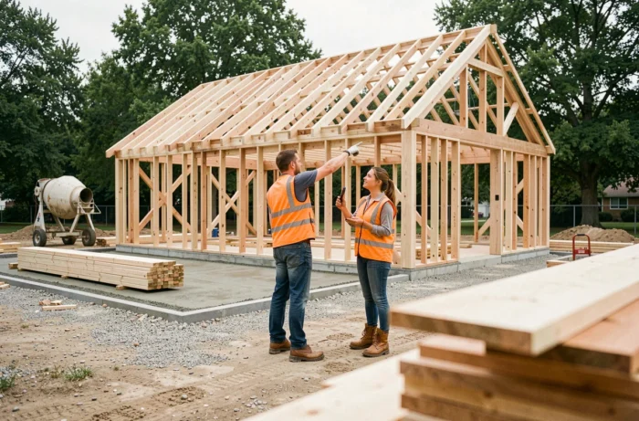 Deux ouvriers discutant devant l'ossature bois d'une maison en construction sur un chantier résidentiel