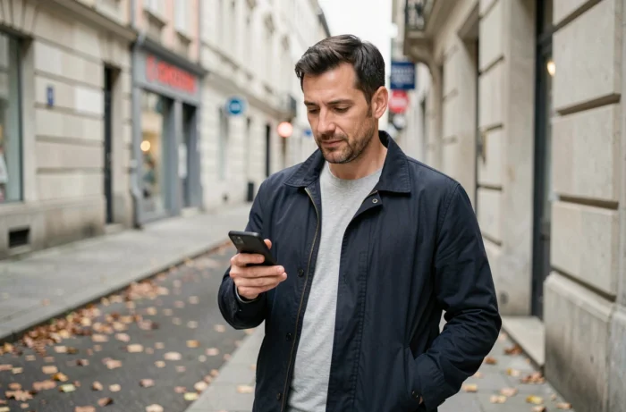 Homme consultant une application mobile pour trouver un médecin ou spécialiste de santé dans sa ville