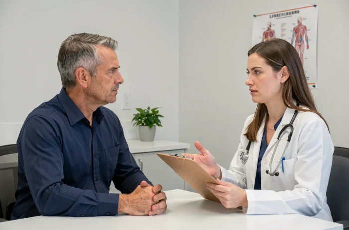 Patient discutant du choix d'un stabilisateur de l'humeur avec son médecin lors d'une consultation médicale