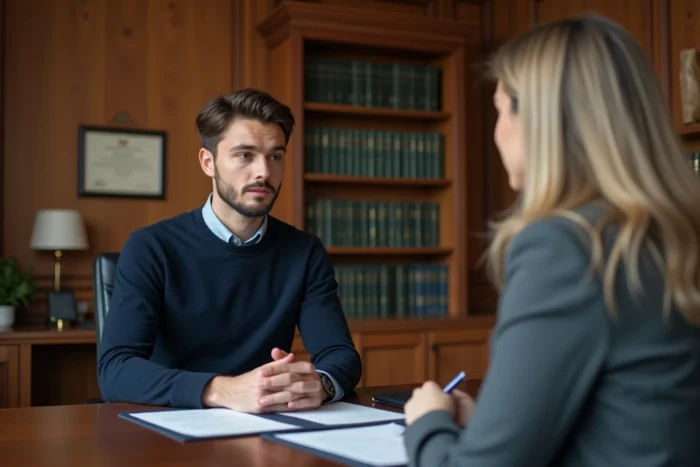 Jeune homme adulte en consultation chez un notaire pour une procédure légale de détachement parental