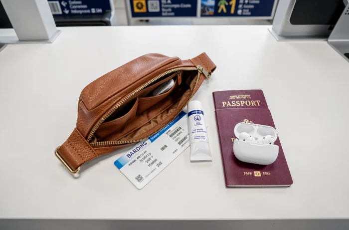 Contenu d'un sac banane étalé avec passeport et carte d'embarquement pour un vol en avion