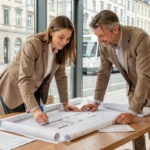 Couple suisse consultant des plans architecturaux dans une agence immobilière moderne à Zurich