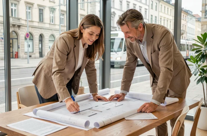 Couple suisse consultant des plans architecturaux dans une agence immobilière moderne à Zurich