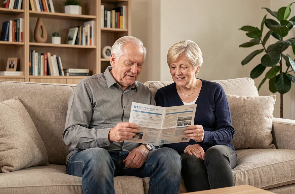 Couple de seniors examinant ensemble une brochure de mutuelle santé dans leur salon