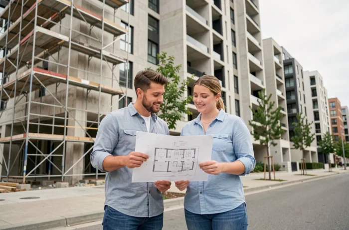 Couple examinant les plans d'un immeuble neuf lors d'une visite de programme immobilier