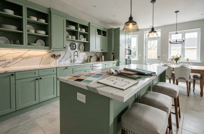 Cuisine ouverte en cours de rénovation avec échantillons de peinture et plans de décoration intérieure