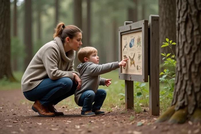 Mère et enfant découvrant un panneau d'information nature à Canyon Park Epretot