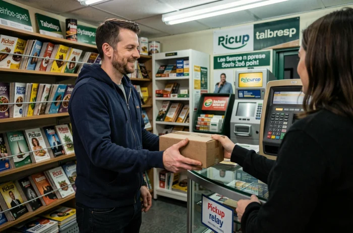 Client déposant un colis dans un point relais Pickup en tabac-presse en France