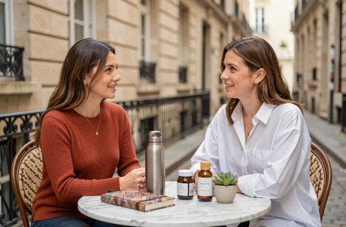 Deux femmes discutant des nouvelles tendances lifestyle autour d'une table en marbre sur une terrasse parisienne
