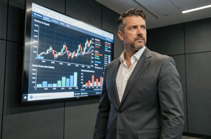Dirigeant d'entreprise présentant des tendances du marché sur un écran interactif dans une salle de conférence moderne