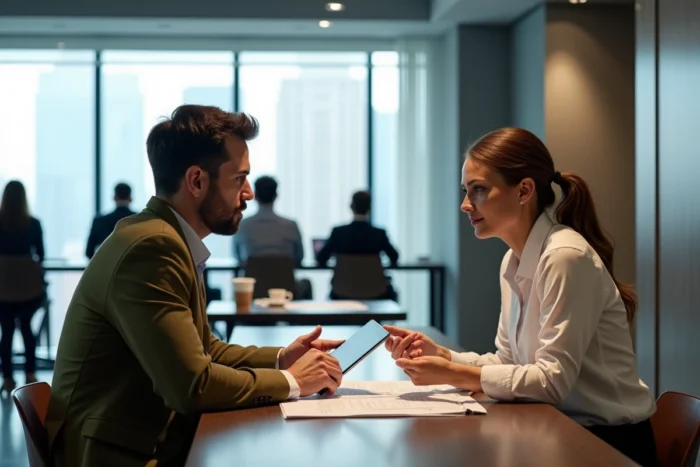 Deux collègues en discussion stratégique dans une cafétéria d'entreprise moderne, comparant des documents et une tablette, illustrant le choix entre intrapreneuriat et entrepreneuriat