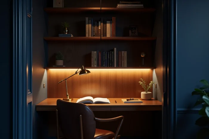 Bureau bibliothèque avec éclairage en couches comprenant ruban LED, lampe de bureau laiton et applique dans une pièce bleu marine