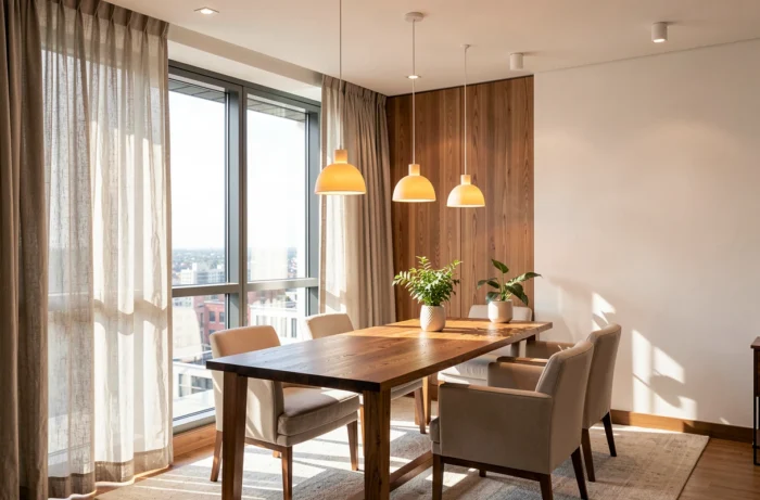 Coin détente de bureau avec lumière naturelle par baie vitrée et éclairage artificiel chaleureux par suspensions et spots
