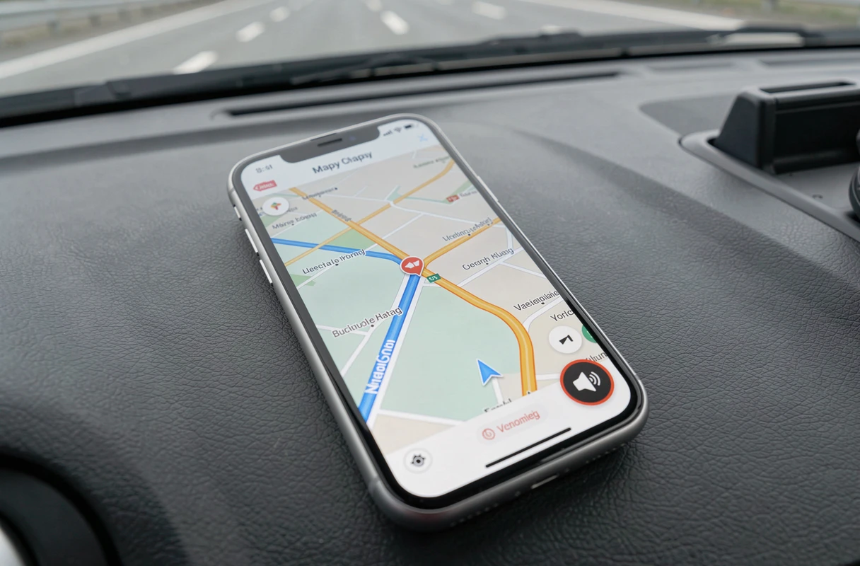 Gros plan sur l'écran d'un smartphone affichant l'interface de navigation Mappy avec le son activé sur tableau de bord de voiture
