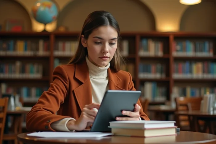 Jeune enseignante dépannant une connexion webmail Dijon sur une tablette dans une bibliothèque scolaire