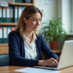 Enseignante consultant son webmail Dijon sur un ordinateur portable dans une salle des professeurs