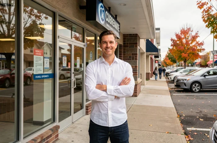 Entrepreneur québécois devant la devanture de sa nouvelle franchise dans un centre commercial de banlieue