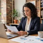 Femme entrepreneur française analysant des documents business dans un espace de coworking parisien