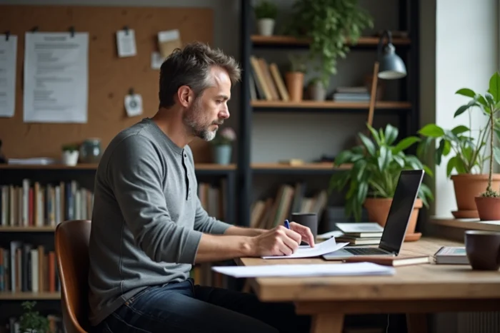 Entrepreneur homme assis à son bureau dans un espace de coworking, étudiant un business plan avec carnet et ordinateur portable, symbolisant le parcours entrepreneurial indépendant
