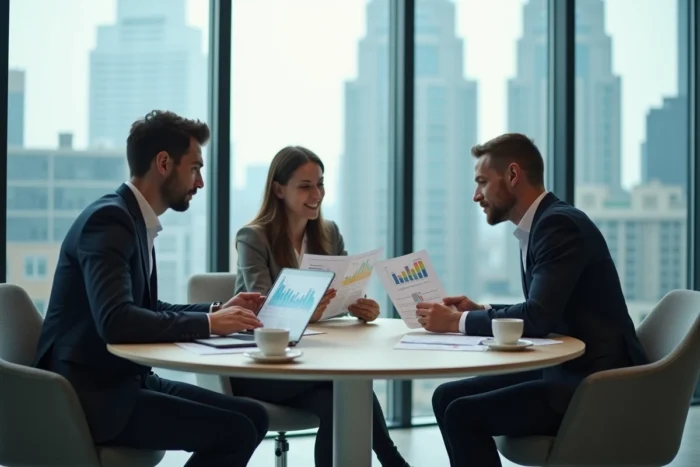 Équipe marketing diverse discutant de stratégies digitales autour d'une table de réunion avec des rapports analytiques