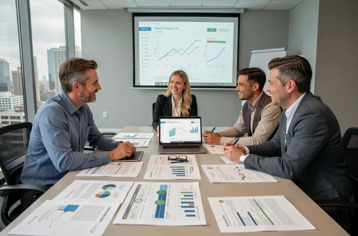 Équipe marketing en réunion de travail autour d'une table avec rapports d'analyse et données de campagne publicitaire pour un media planning structuré