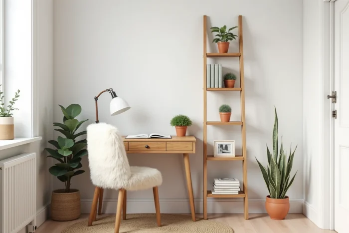 Étagère échelle en pin naturel adossée à un mur blanc à côté d'un bureau compact en style scandinave