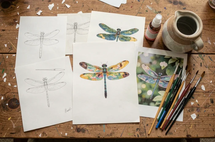 Vue de dessus d'une collection d'études aquarelle de libellules, croquis au crayon et matériel de peinture disposés sur une table en chêne rustique