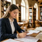 Étudiante en bibliothèque universitaire française consultant son programme de licence dans le système LMD