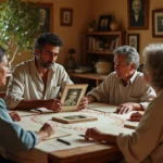 Famille multigénérationnelle latine réunie autour d'une table avec de vieilles photos et lettres évoquant les origines familiales de Jules Torres