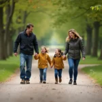 Famille en promenade sur le sentier de Canyon Park Epretot entourée d'arbres verts
