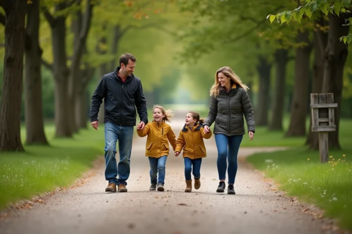 Famille en promenade sur le sentier de Canyon Park Epretot entourée d'arbres verts