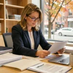 Femme d'affaires québécoise analysant un contrat de franchise dans un bureau moderne avec vue sur la ville