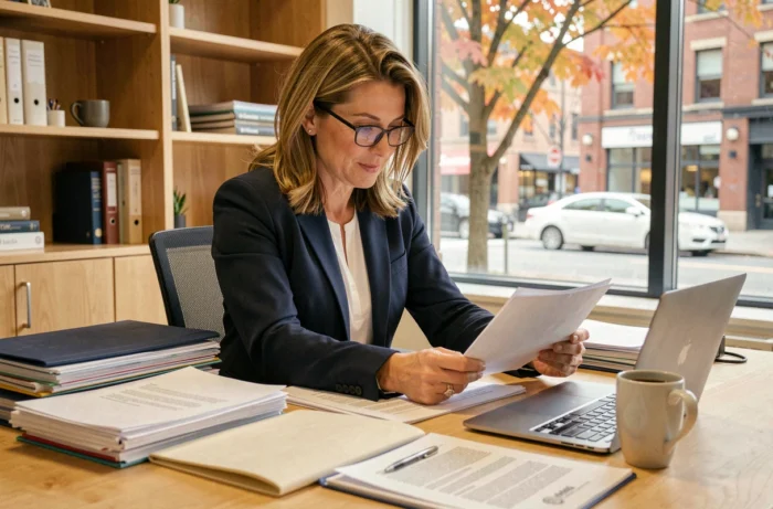 Femme d'affaires québécoise analysant un contrat de franchise dans un bureau moderne avec vue sur la ville