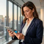 Femme d'affaires analysant des tendances économiques sur une tablette dans un bureau moderne en 2024