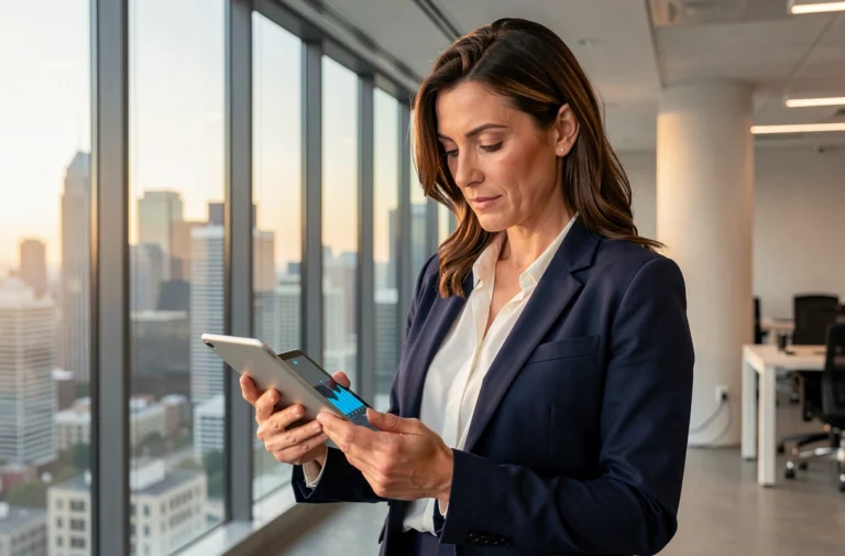 Femme d'affaires analysant des tendances économiques sur une tablette dans un bureau moderne en 2024