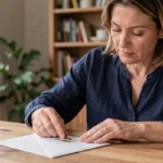 Femme apposant un timbre sur une enveloppe blanche pour affranchir une lettre à envoyer en France