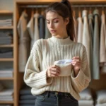Jeune femme en boutique de prêt-à-porter examinant l'étiquette de taille d'un vêtement taille S