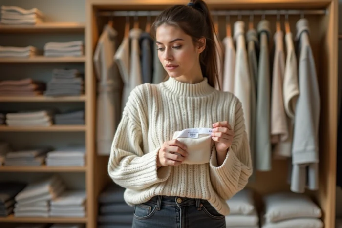 Jeune femme en boutique de prêt-à-porter examinant l'étiquette de taille d'un vêtement taille S